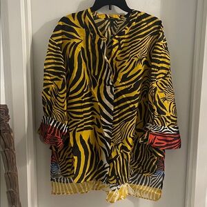 KOBI HALPERIN XL Yellow Cotton silk Zebra Print Hidden button hi-low Blouse